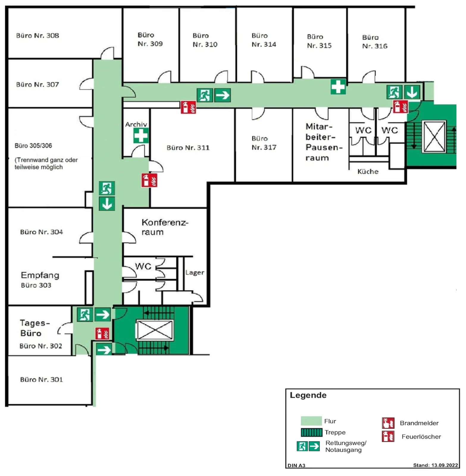 Grundriss des 3. Obergeschosses: Büros Nr. 301 bis 317, Empfang, Tagesbüro, Konferenzraum, Mitarbeiter-Pausenraum und Küche